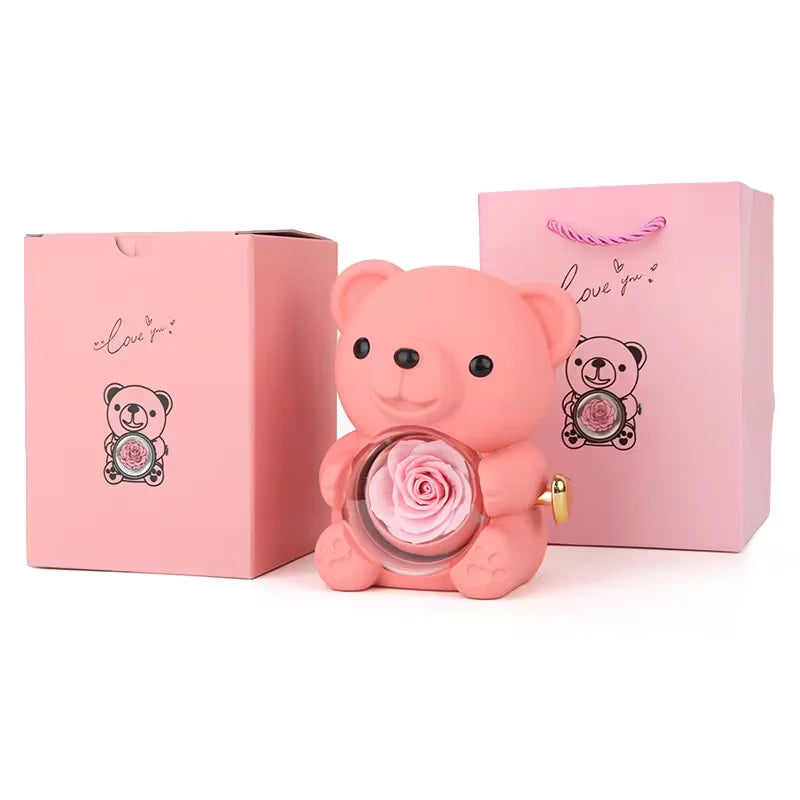 Teddy Bear Rose Gift Box | Jewelry Box,Includes Artificial Rose, Party Gift Box and Gift Bag,Ideal for Valentine'S Day, Mother'S