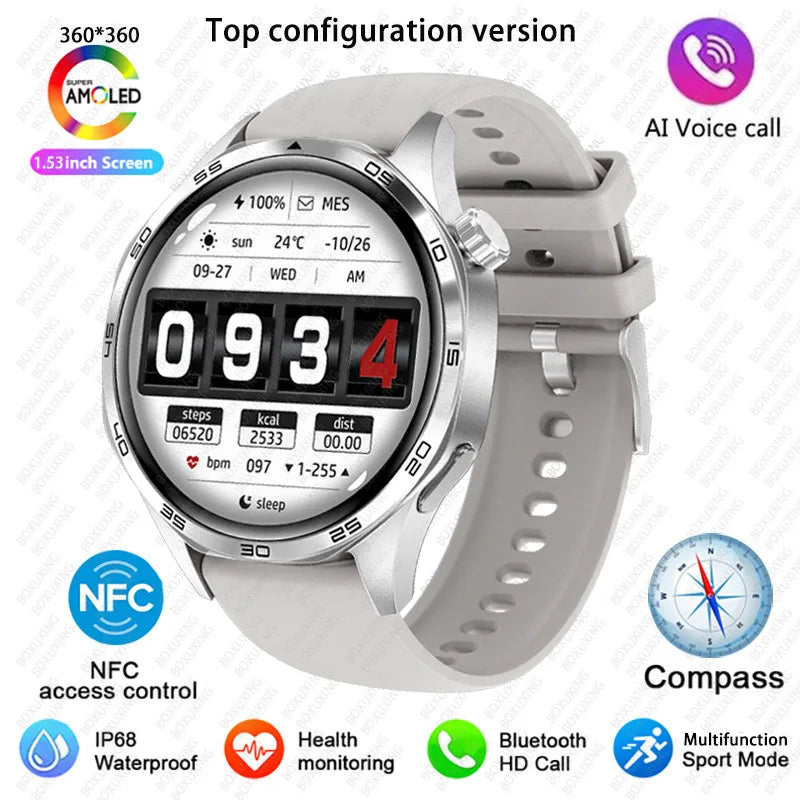BOXUXING 2026 New Smart Watch Men Watch 5 Pro AMOLED HD Screen Bluetooth Call GPS Trajectory NFC Heart Rate Compass SmartWatches