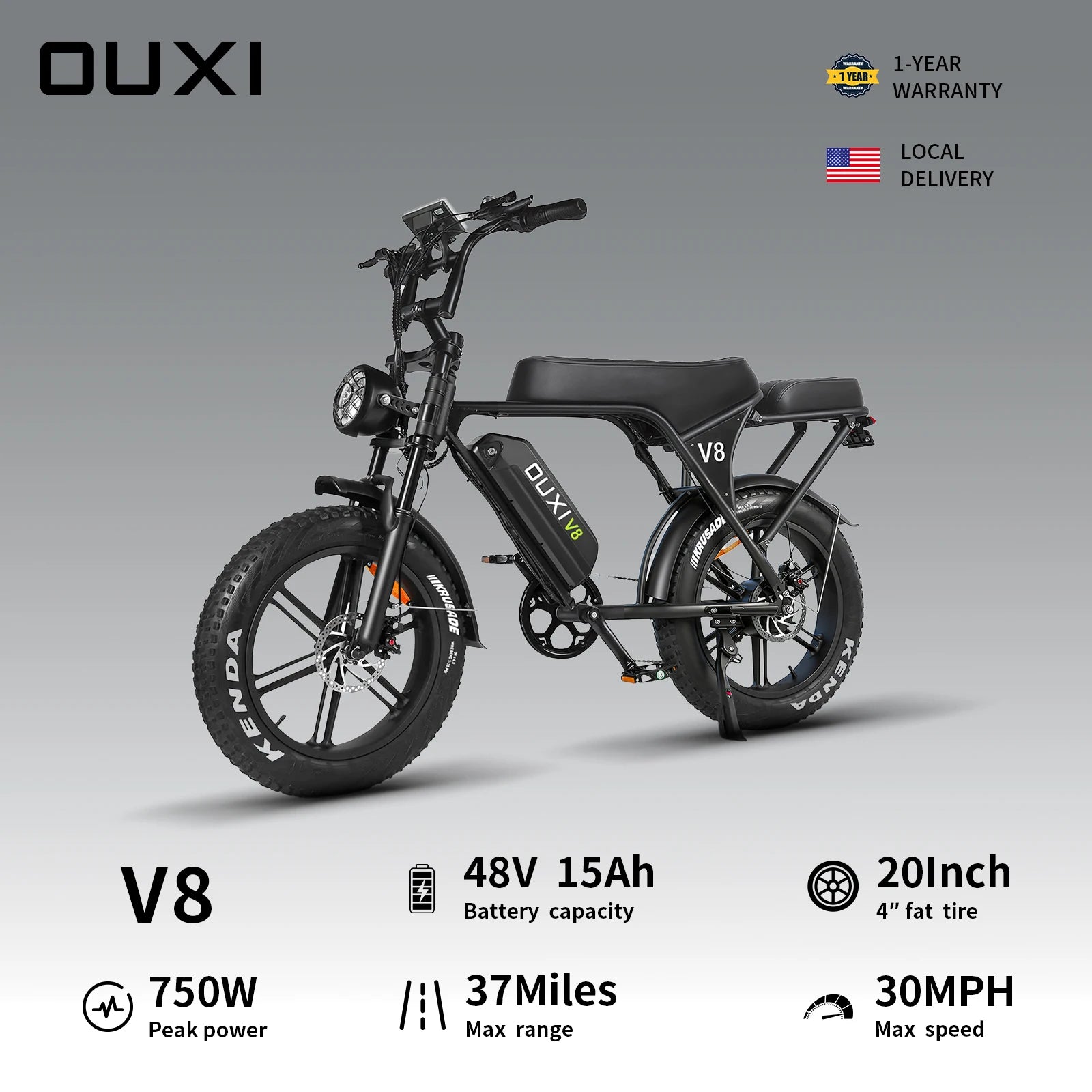 OUXI V8 2-seater Electric Bike 750W 48V 15Ah Electric Bicycle 20'' Fat Tire Dirt Ebike with Hydraulic Brake for Mountain Riding