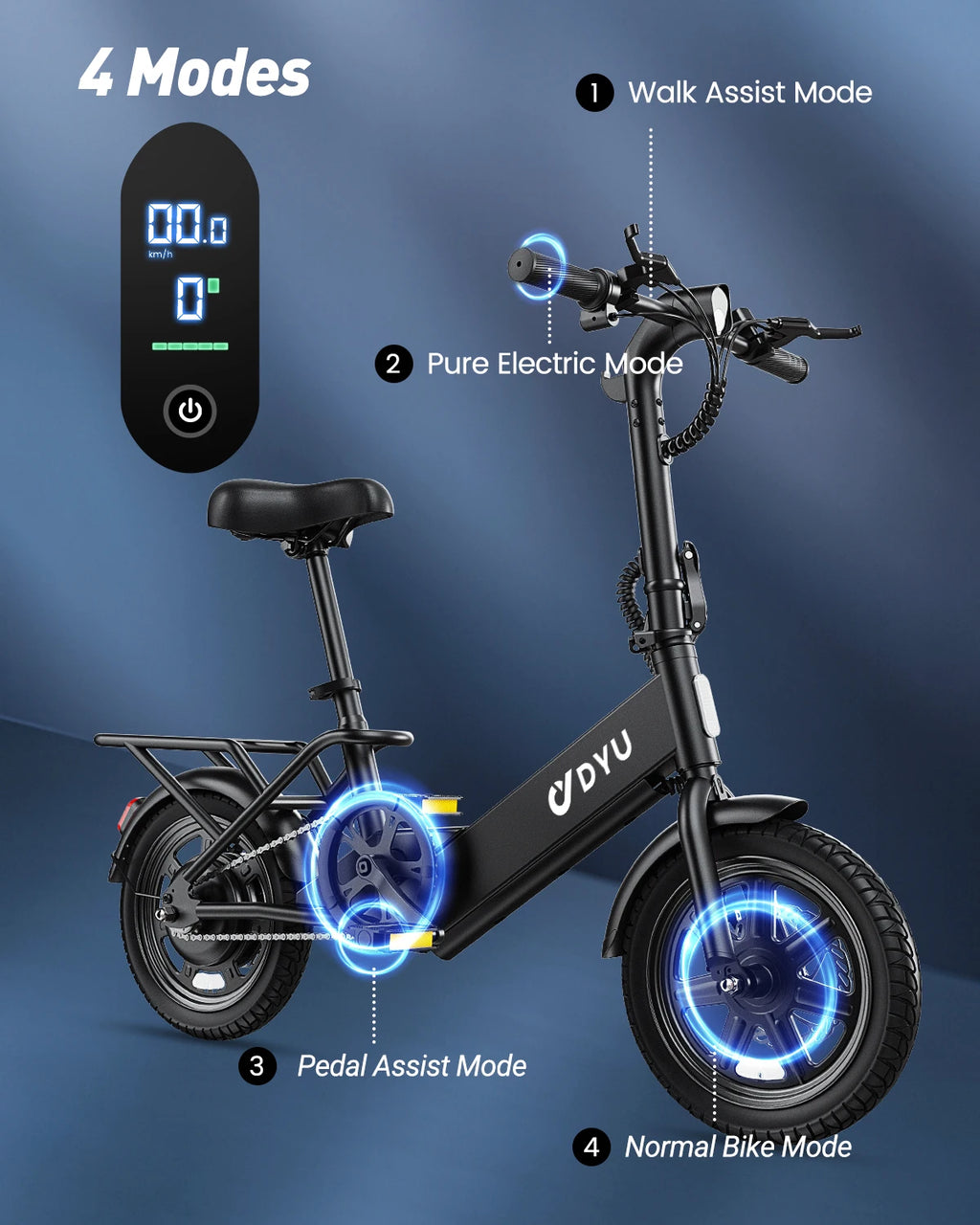 【1 año de garantía】Bicicleta eléctrica plegable DYU C3 de 14 pulgadas, motor de 500W de pico, batería de 280WH, bicicleta eléctrica de 20 mph para ciudad UL2849