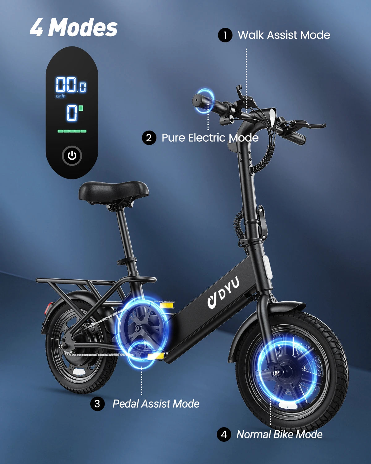 【1 año de garantía】Bicicleta eléctrica plegable DYU C3 de 14 pulgadas, motor de 500W de pico, batería de 280WH, bicicleta eléctrica de 20 mph para ciudad UL2849