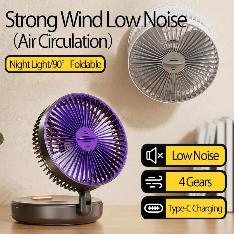 2024 New 3IN1 5000mAh Rechargeable Portable Desktop Fan Wall Mounted Fan 90° Folding USB Fan 4 Gears With Warm Night Light