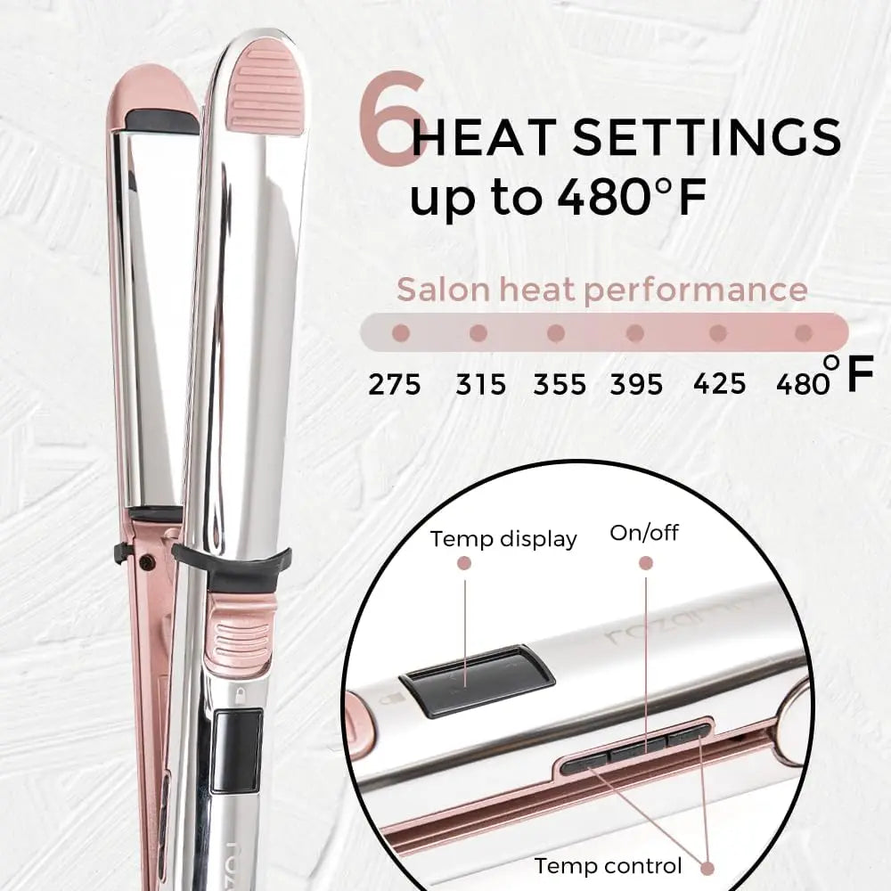 Plancha plana iónica de titanio 2 en 1, alisador y rizador de cabello profesional, calentamiento rápido, doble voltaje, rosa