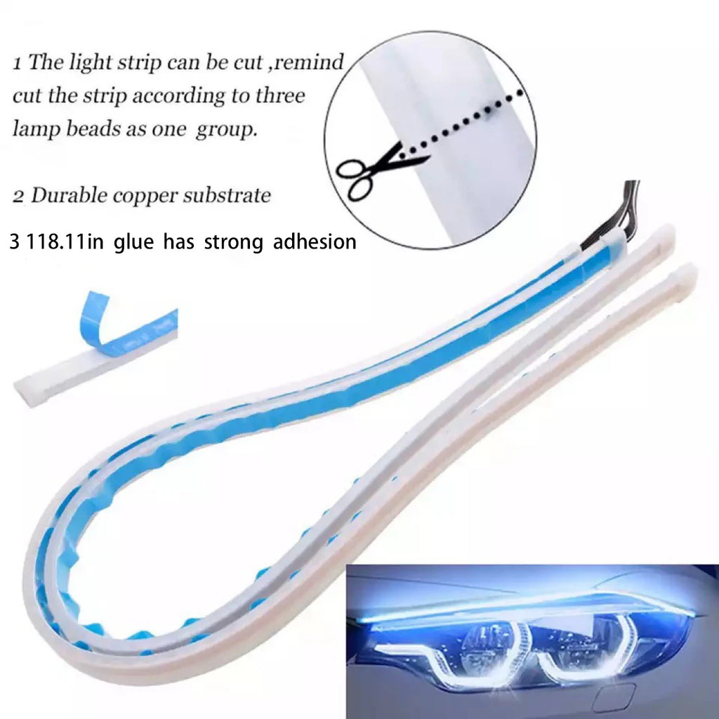 1 unidad de luz LED DRL para coche, tira flexible impermeable, faros automáticos, señal de giro blanca, luces de freno de flujo, estilo de coche 12V