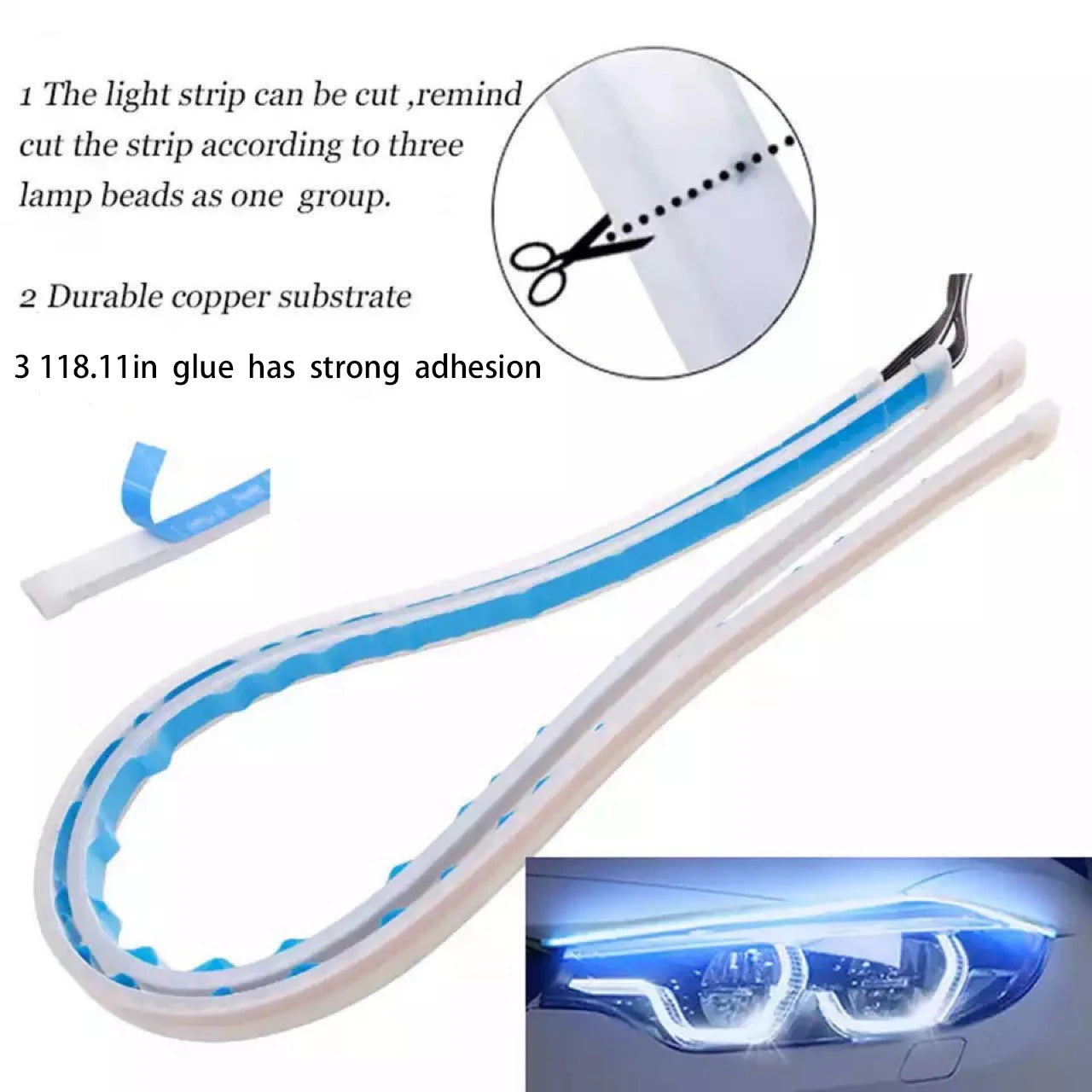 1 unidad de luz LED DRL para coche, tira flexible impermeable, faros automáticos, señal de giro blanca, luces de freno de flujo, estilo de coche 12V