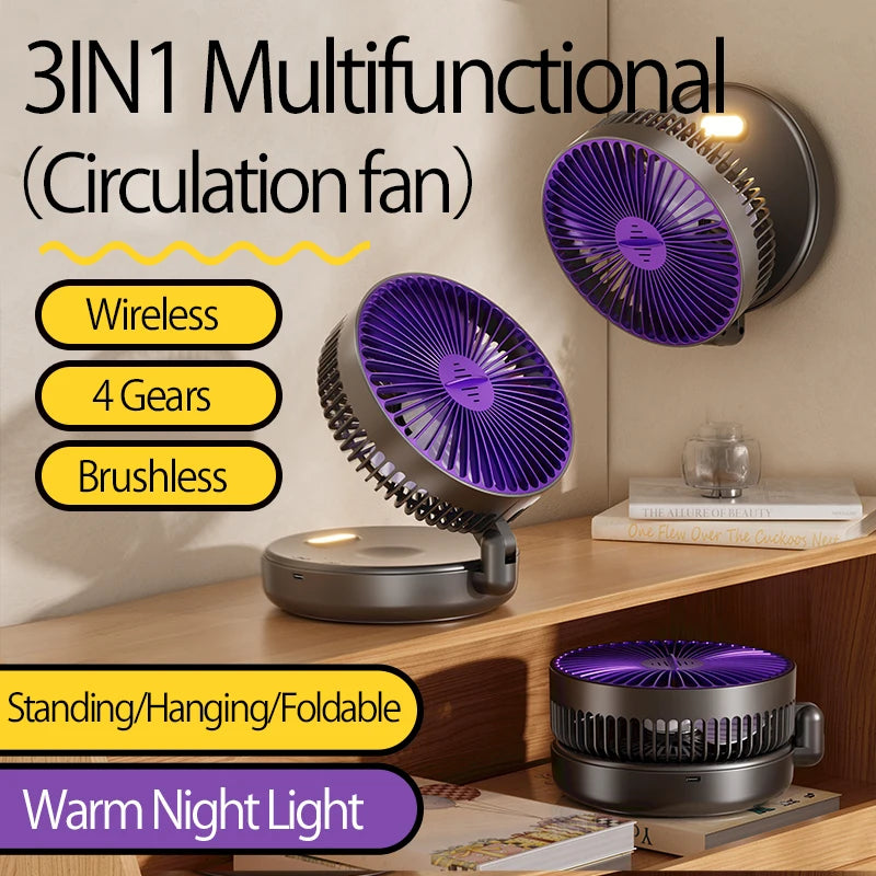 2024 New 3IN1 5000mAh Rechargeable Portable Desktop Fan Wall Mounted Fan 90° Folding USB Fan 4 Gears With Warm Night Light