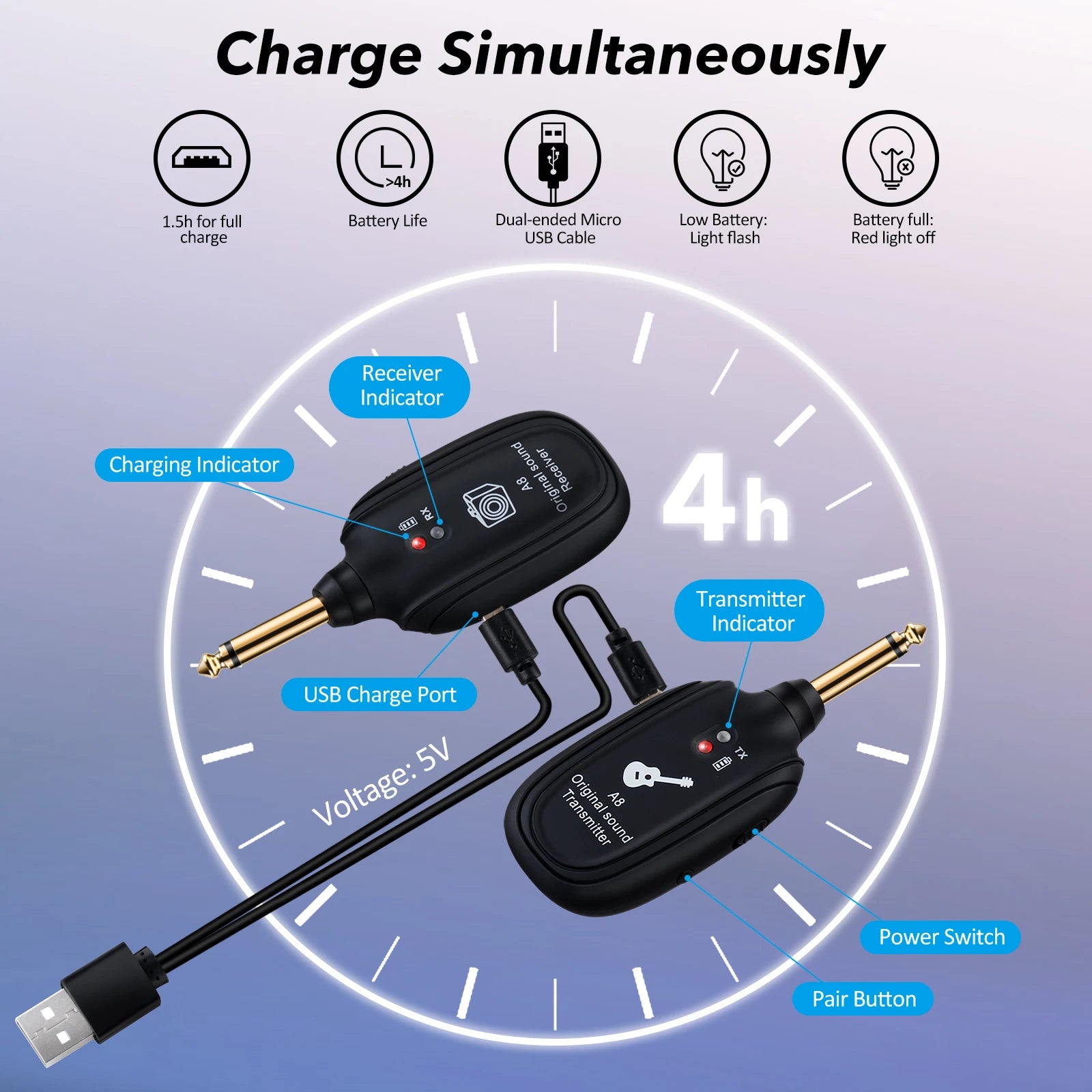 A8 UHF Electric Guitar Wireless System Transmitter Receiver Set Low latency Built-in Rechargeable For Electric Guitar Bass
