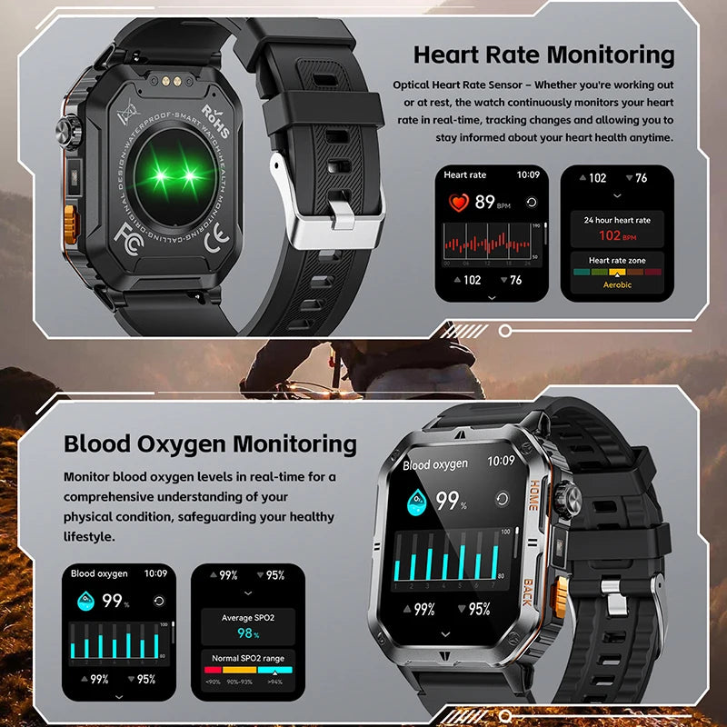 BOALZETD New 1000mAh Big Battery Outdoor Sports Smart Watch 2.01 inch HD Screen LED Flashlight Bluetooth Call Smartwatch For Men