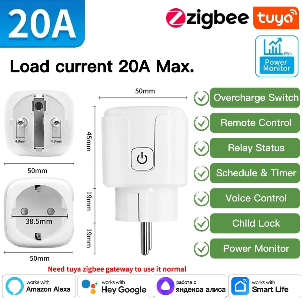 TNCE Tuya Wifi or Zigbee Smart Socket EU Plug 16/20A Power Monitor Remote Control SmartLife APP Work with Alexa Googl Home Alice