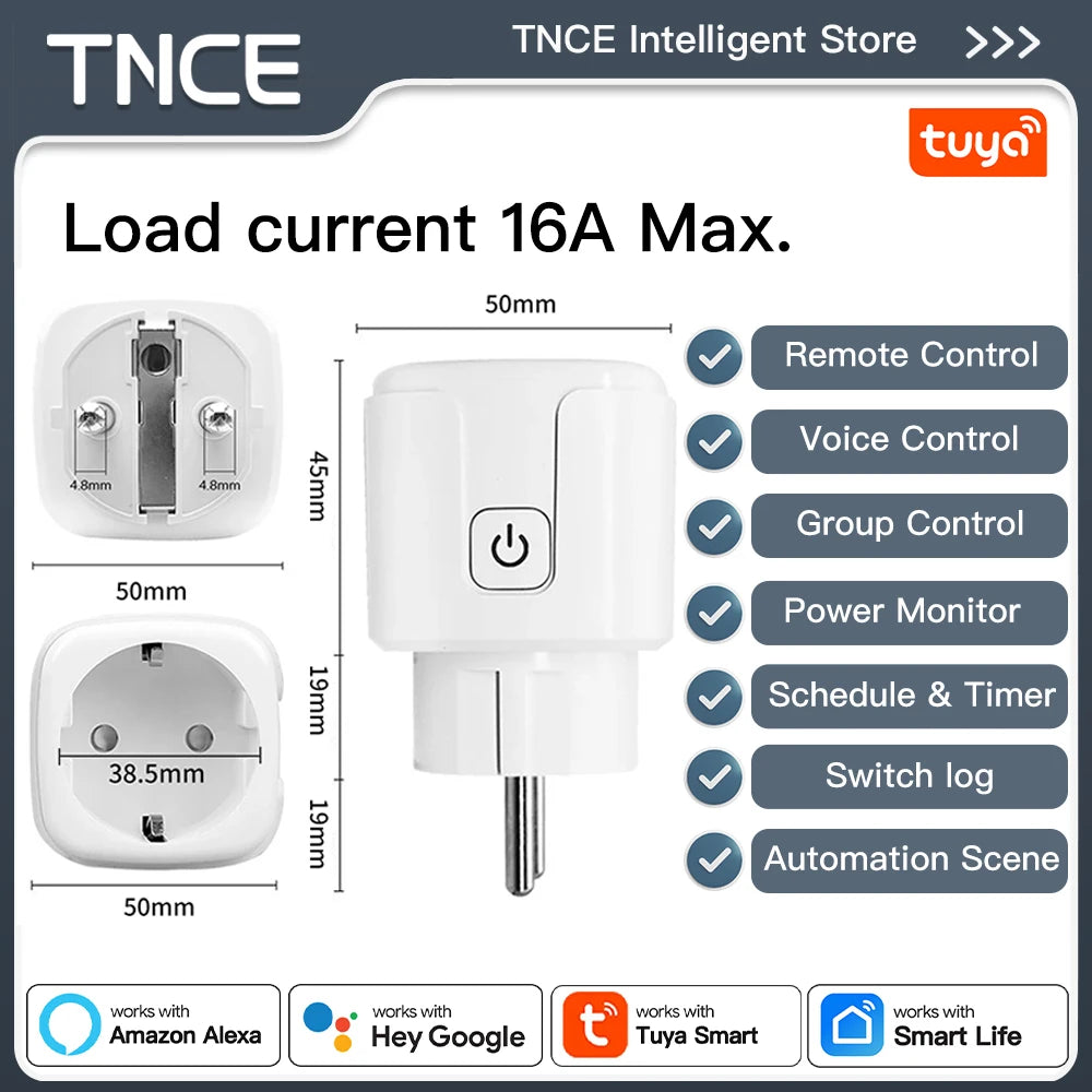 TNCE Tuya EU Plug WiFi or Zigbee3.0 Smart Socket 16/20A, Power Monitor Timer Function Voice Control With Alexa Google Home