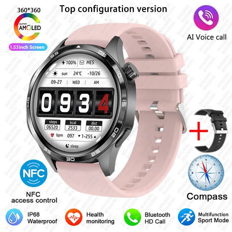 BOXUXING 2026 New GPS NFC Smart Watch 5 Pro Men 360*360 AMOLED Screen Heart rate Bluetooth Call IP68 Waterproof Man Smartwatch