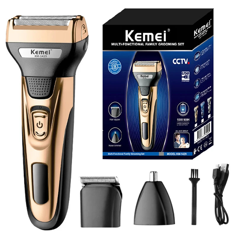 Kemei Kit de Aseo 3 en 1, Afeitadora Eléctrica para Hombres, Recortadora de Barba, Cabello, Cuerpo, Nariz y Orejas, Máquina de Afeitar Facial Recargable