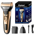 Kemei Kit de Aseo 3 en 1, Afeitadora Eléctrica para Hombres, Recortadora de Barba, Cabello, Cuerpo, Nariz y Orejas, Máquina de Afeitar Facial Recargable
