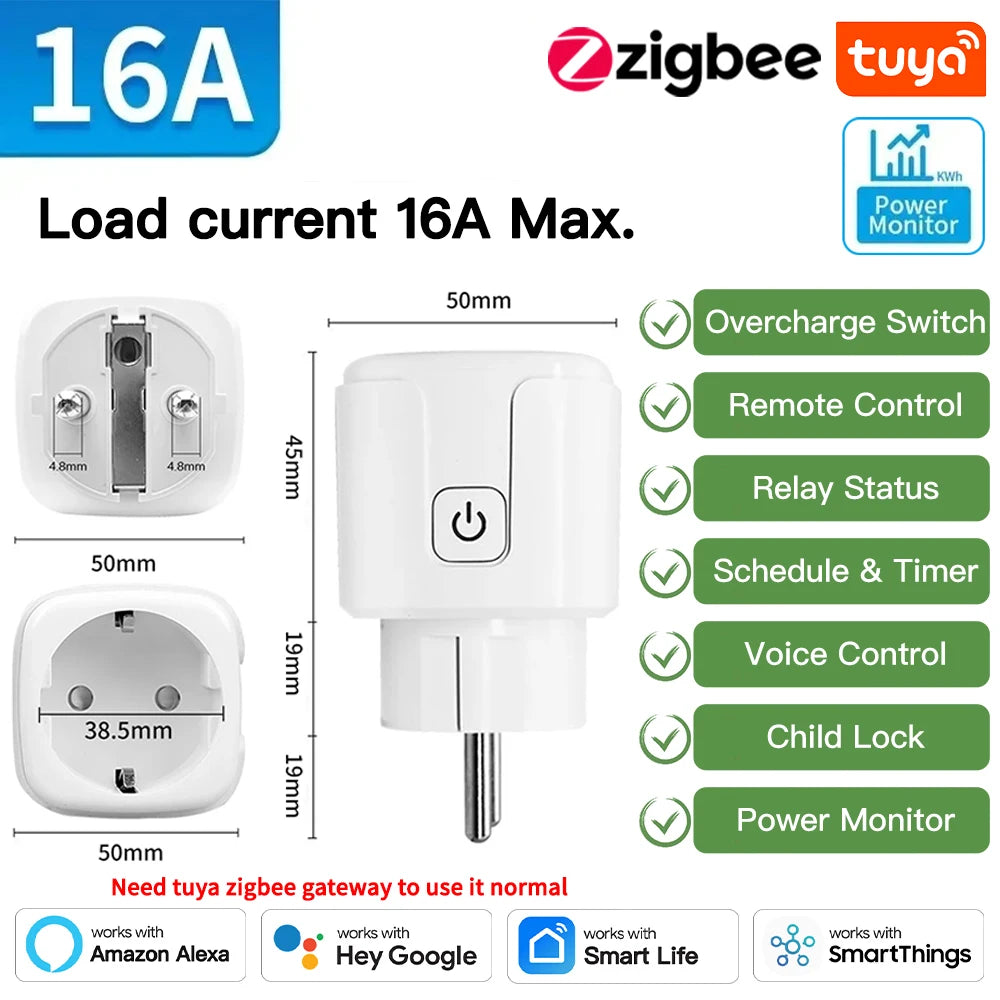 TNCE TUYA EU Plug wifi or zigbee3.0 Smart Socket 16/20A Power Monitor Timing Function Voice Control Works With Alexa Google Home