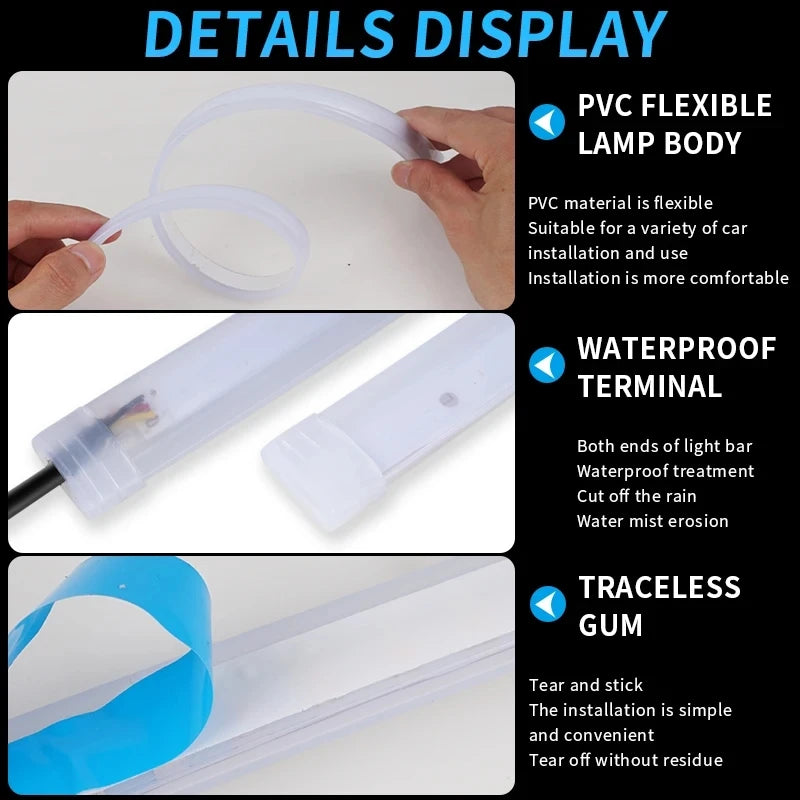 1 unidad de luz LED DRL para coche, tira flexible impermeable, faros automáticos, señal de giro blanca, luces de freno de flujo, estilo de coche 12V