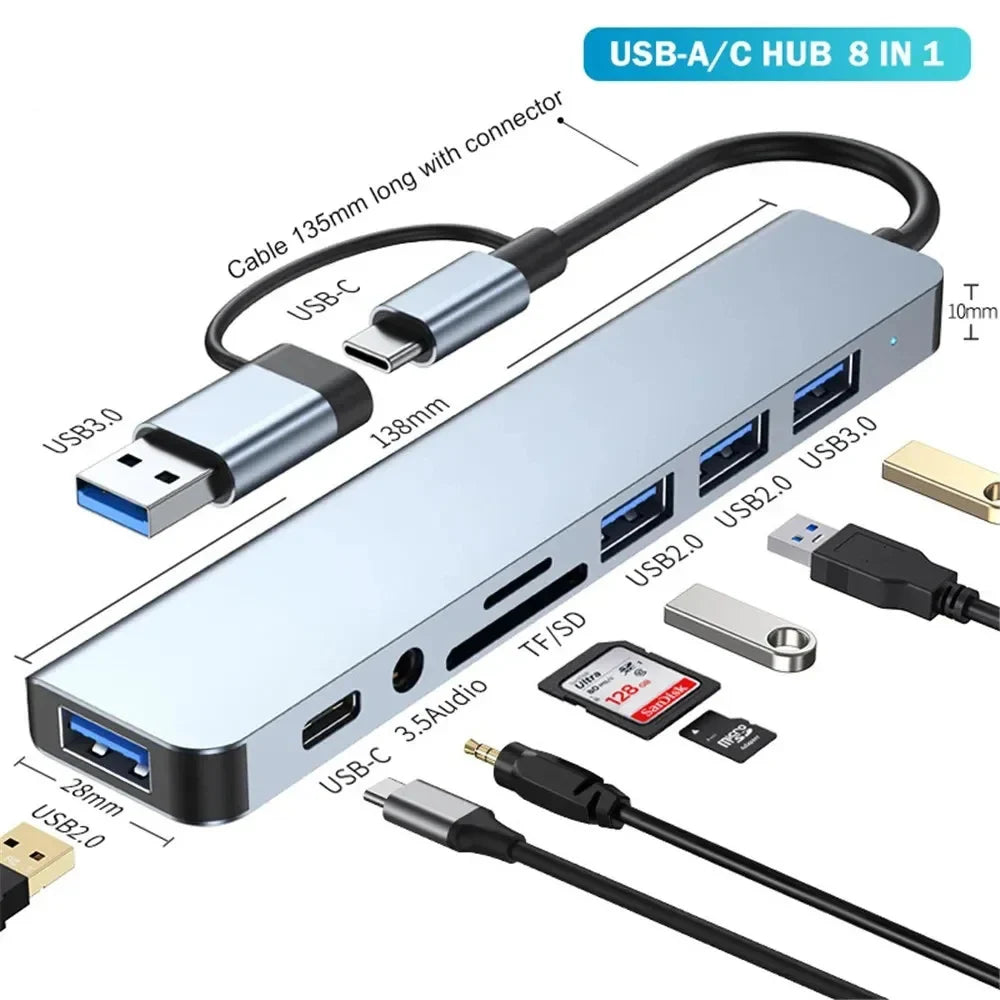 8 in 1 Port USB C Expander USB 3 Hub Type C Splitter Type C Dock Multiport Adapter USB Expander For Xiaomi Phone Tablet
