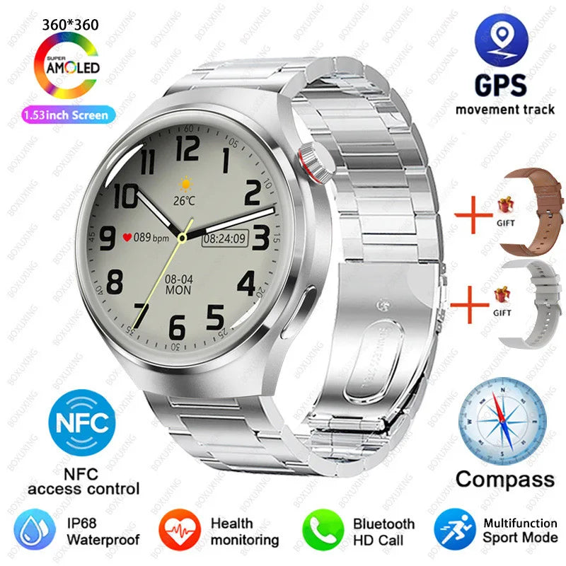 BOXUXING Watch 4 Pro Smart Watch Men GPS Sports Tracker NFC  1.53" HD Screen Health Monitor Watches Bluetooth Call SmartWatch