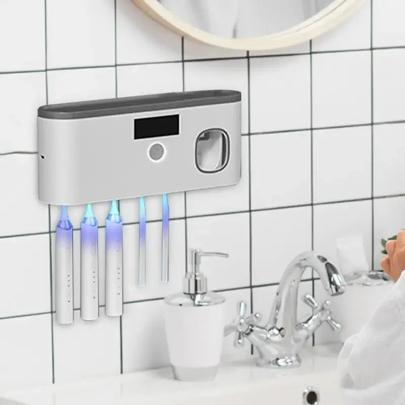 Soporte de pared para cepillos de dientes UV para baño, organizador de cepillos de dientes, dispensador de pasta de dientes recargable por USB, 5 ranuras, accesorios de baño
