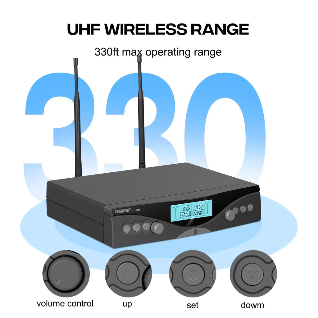 Micrófono Inalámbrico G-MARK G320AM Profesional UHF 2 Canales Micrófono de Karaoke de Mano Frecuencia Automática Ajustable 100M