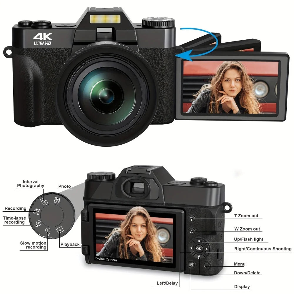 Cámara digital de 56 MP con pantalla abatible 16X para fotografía, grabación de vídeo 4K, videocámara para Vlog, transmisión en vivo en YouTube, cámara web y selfis