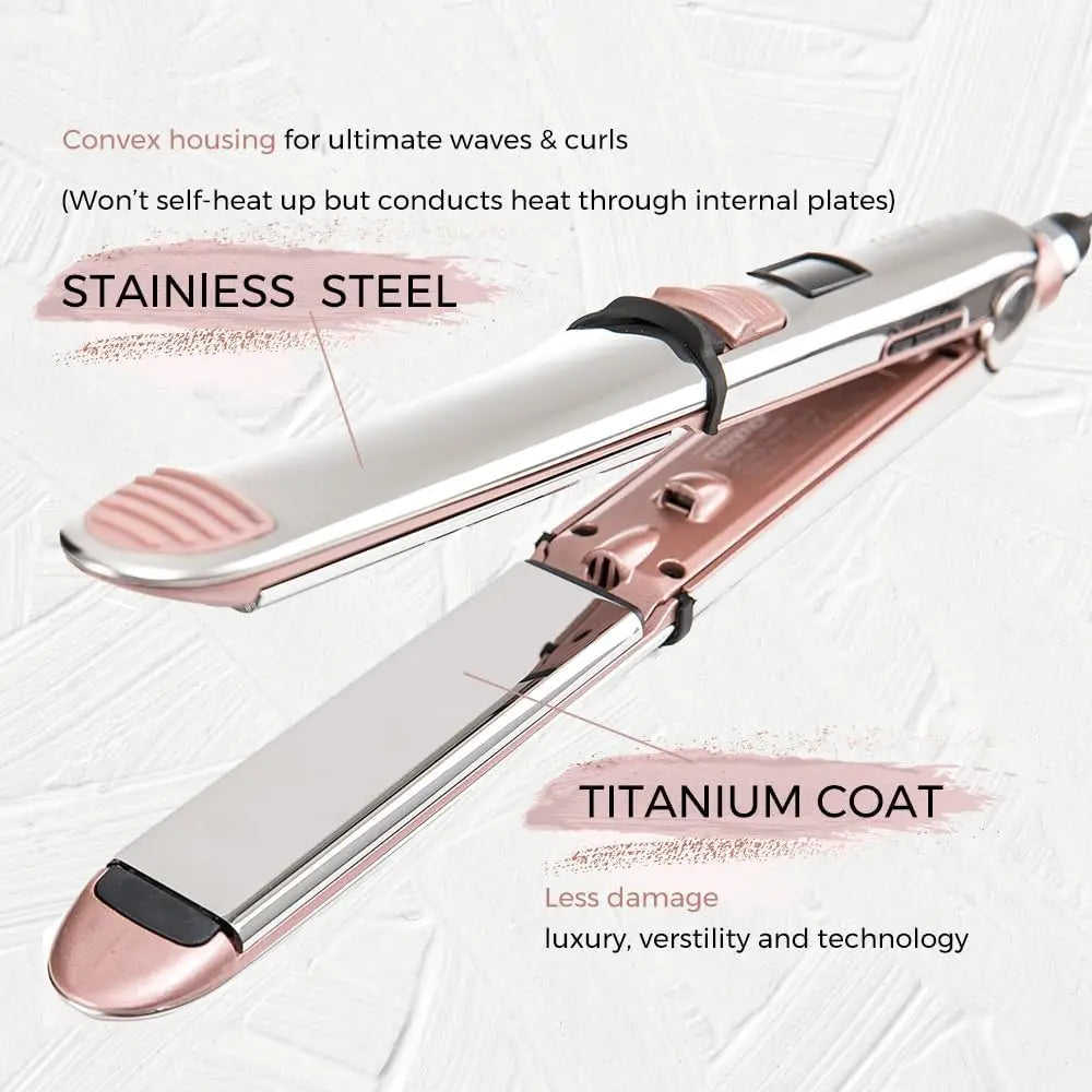 Plancha plana iónica de titanio 2 en 1, alisador y rizador de cabello profesional, calentamiento rápido, doble voltaje, rosa