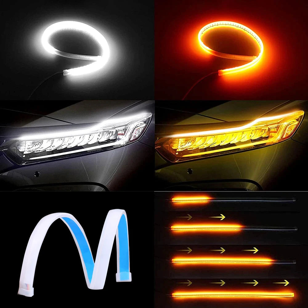 1 unidad de luz LED DRL para coche, tira flexible impermeable, faros automáticos, señal de giro blanca, luces de freno de flujo, estilo de coche 12V