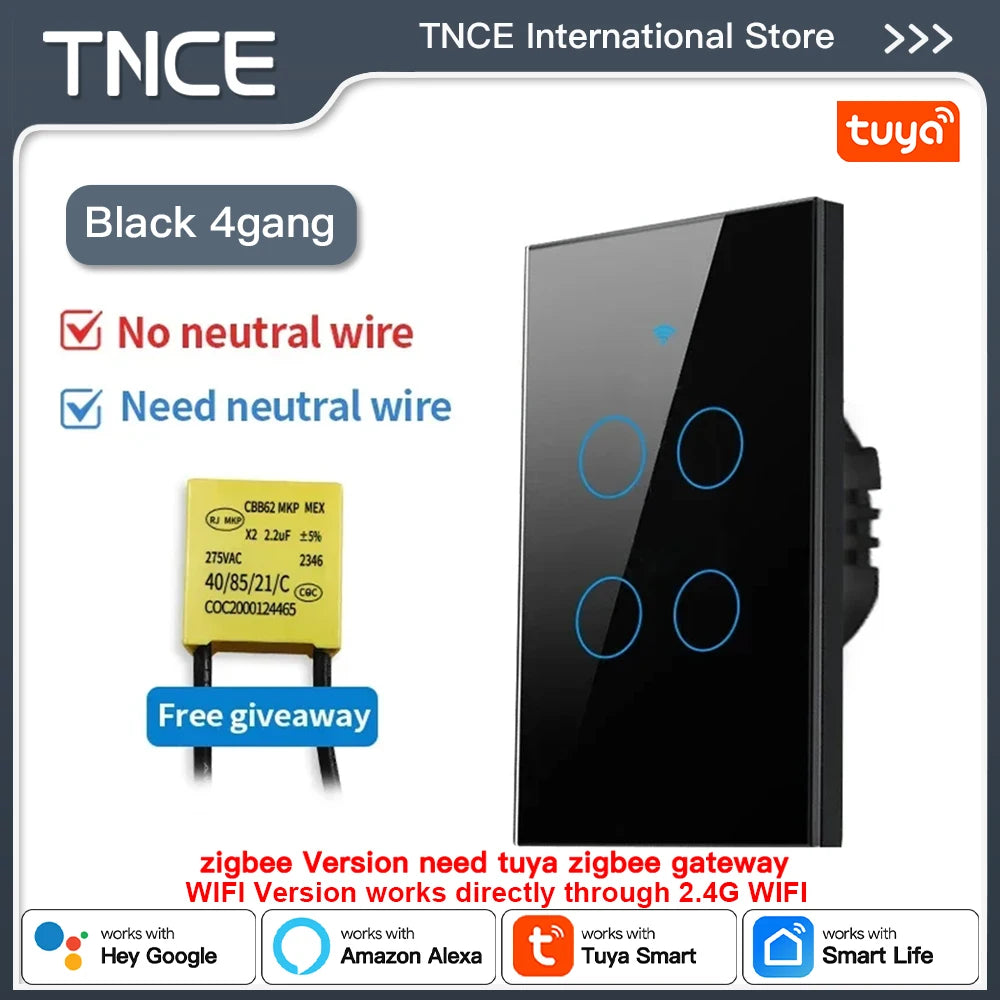 TNCE Tuya US Switch WIFI or Zigbee need/No Neutral Wire Require 1/2/3/4 Gang Smart Touch controller Voice With Alexa Google Home