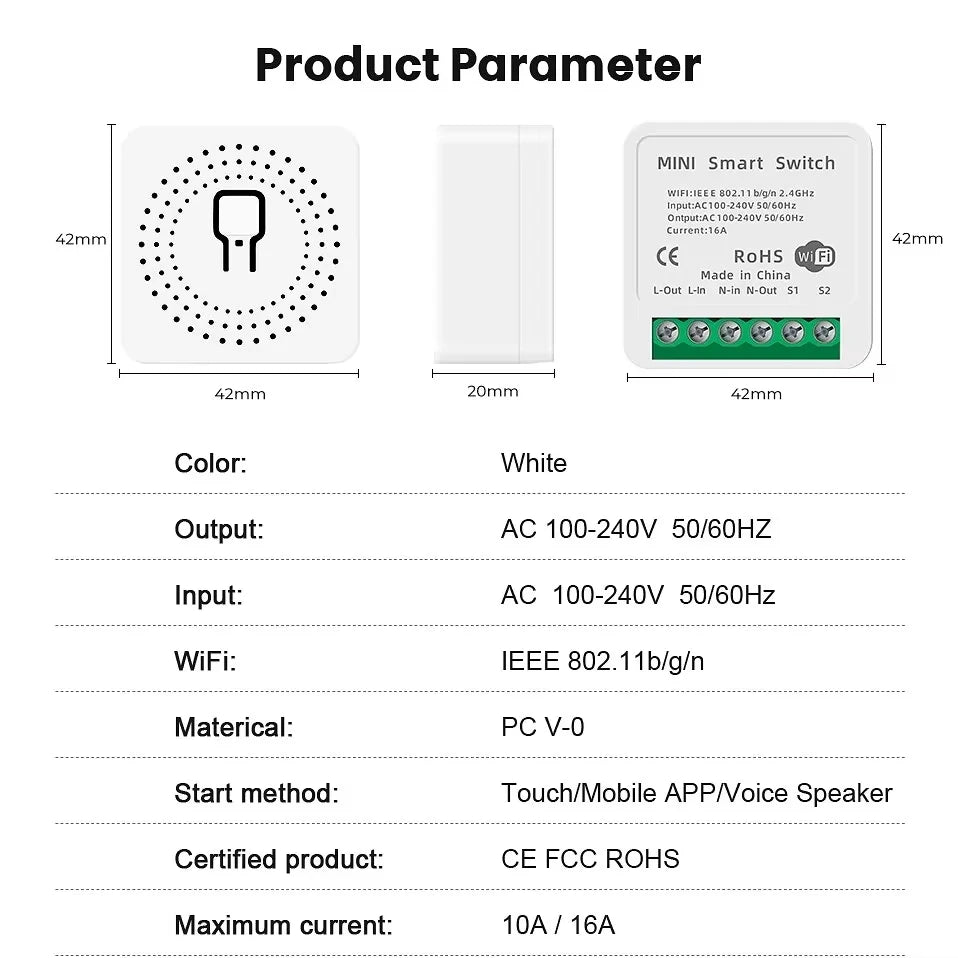 16A Smart WiFi Switch Support 2-Way DIY Switches Mini Smart Breaker Works With Tuya Smart Life APP Control Support Alexa Google