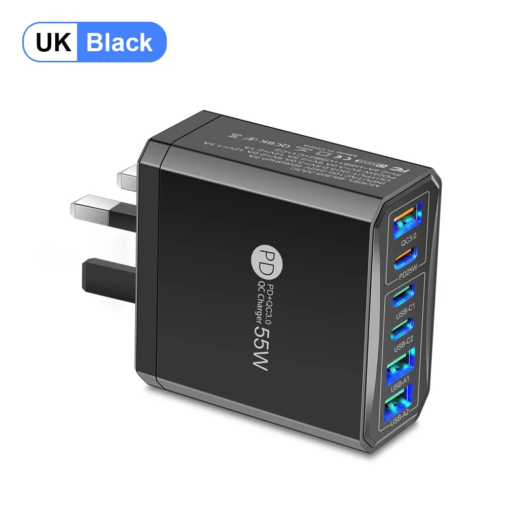 55W 3 USB 3 PD Charger Fast Charging QC3.0 Travel Charger For iPhone 15 14 Samsung Xiaomi Mobile Phone Adapter EU KR US UK Plug