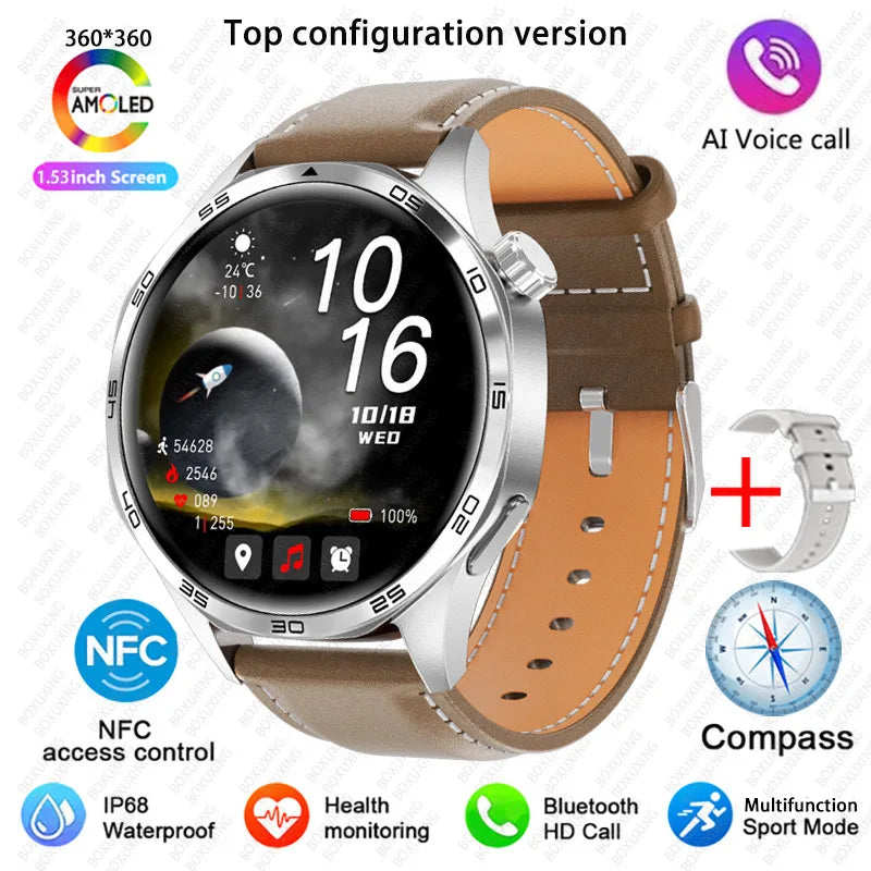 BOXUXING 2026 New GPS NFC Smart Watch 5 Pro Men 360*360 AMOLED Screen Heart rate Bluetooth Call IP68 Waterproof Man Smartwatch