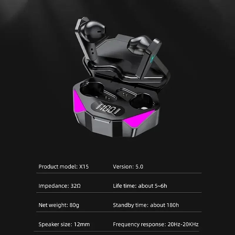 Auriculares gaming TWS X15 Auriculares inalámbricos Bluetooth con micrófono Posicionamiento de sonido de graves Estéreo 9D Música Auriculares HiFi para gamers