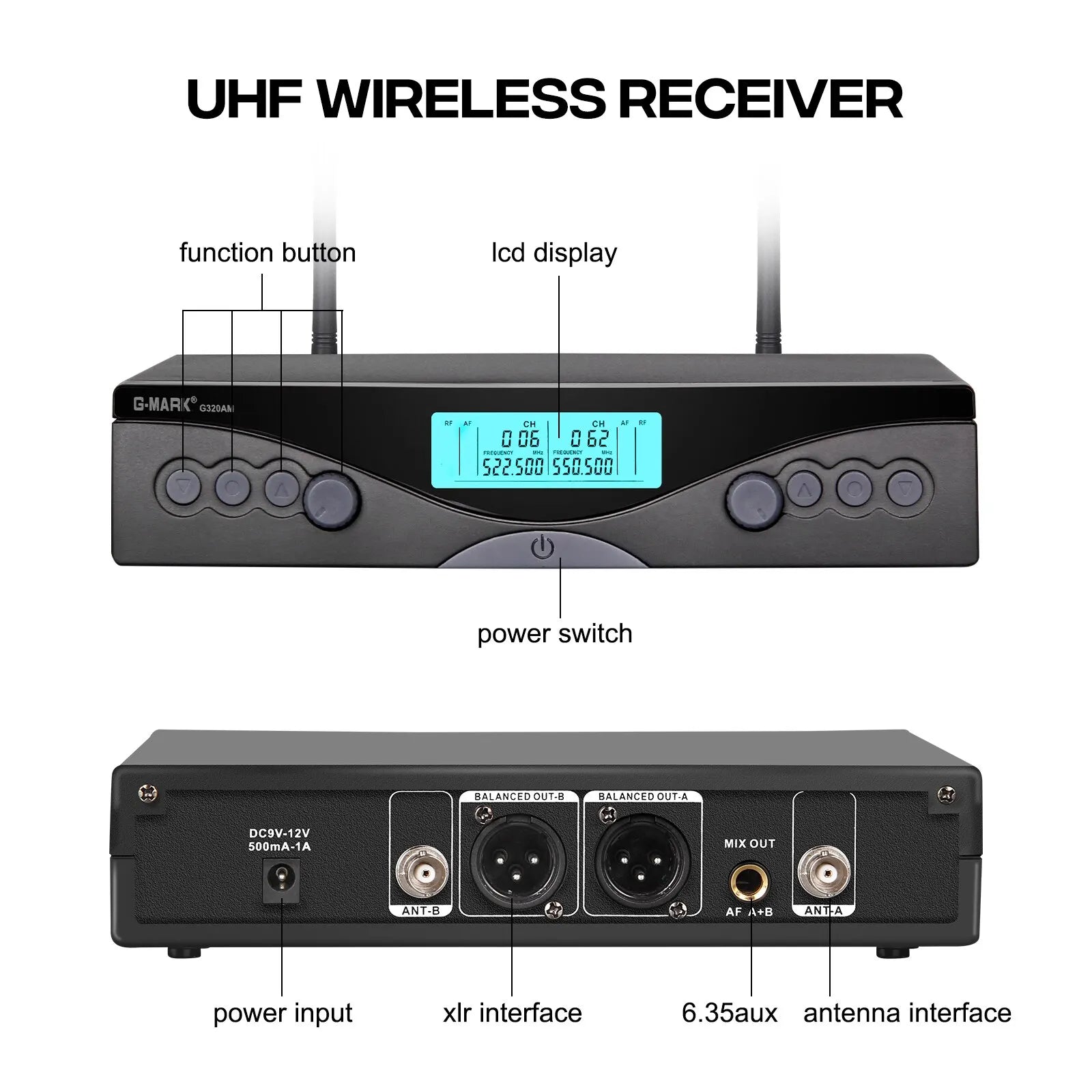 Micrófono Inalámbrico G-MARK G320AM Profesional UHF 2 Canales Micrófono de Karaoke de Mano Frecuencia Automática Ajustable 100M