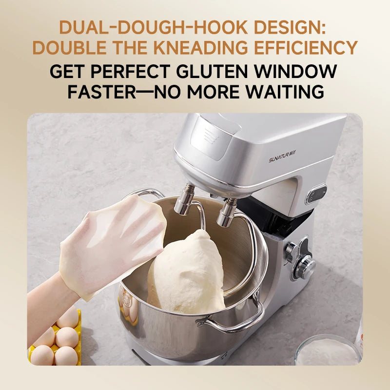 SUNATUR 10L Stand Mixer 1000W DC Quiet Dough Mixer Dual 304 Hooks 6 Speed Electric Food Mixer for Home Commercial