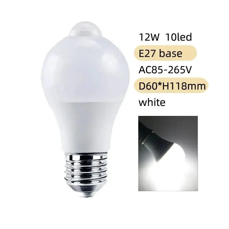 PIR Motion Sensor LED Light Bulb 12W E27 Smart Bulb Motion Activated ON/OFF Home Lights Lamp with Motion Sensor for Home Stair