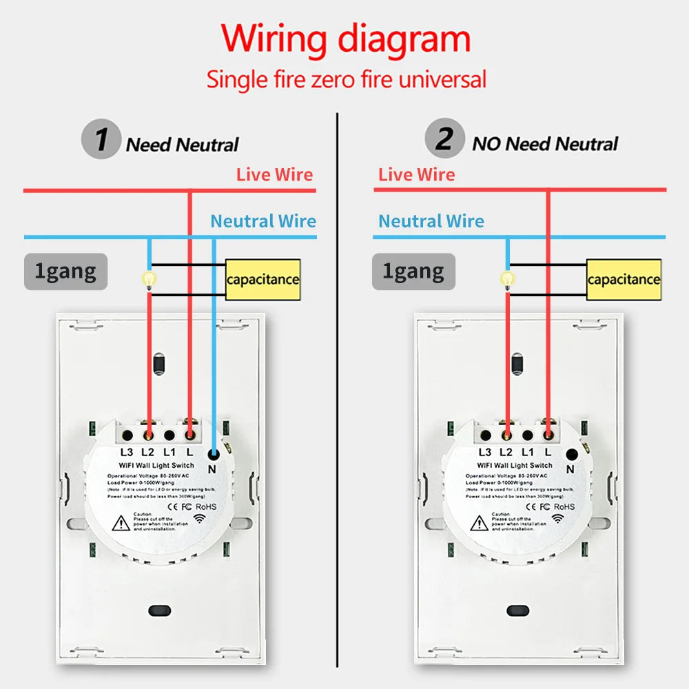 TNCE Tuya US Switch wifi zigbee, 1/2/3/4 gang, No-Neutral/Wire LED light control Wall Button, smart voice with Alexa Google Home