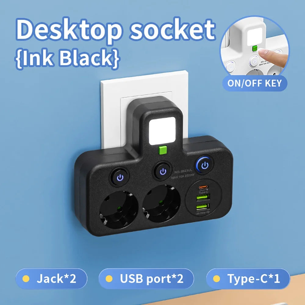 EU Plug Socket 4 Sockets Power Strip With 2 USB Type-C Port Without Extension Wall Charger Adapter For Home Offices
