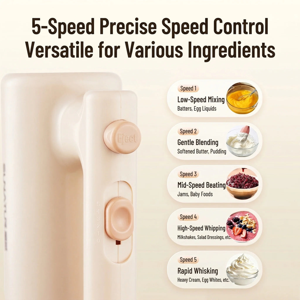 SUNATUR 200W 5-Speed Electric Hand Mixer, Handheld Egg Beater Whisk for Home Baking, Food-Grade Stainless Steel Attachments, Eas