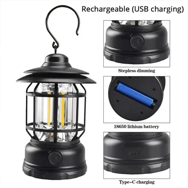 Rechargeable Camping Lantern Stepless Dimming COB Portable Waterproof for Hiking Fishing Emergency Home Power Outages Indoor Out