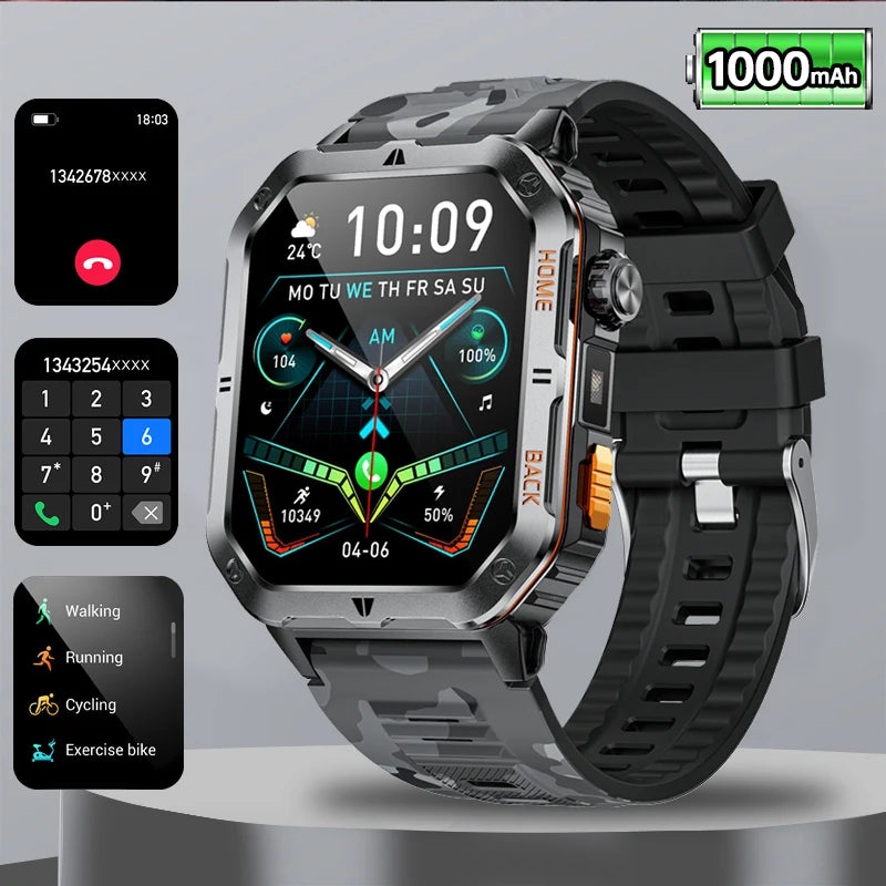 BOALZETD New 1000mAh Big Battery Outdoor Sports Smart Watch 2.01 inch HD Screen LED Flashlight Bluetooth Call Smartwatch For Men
