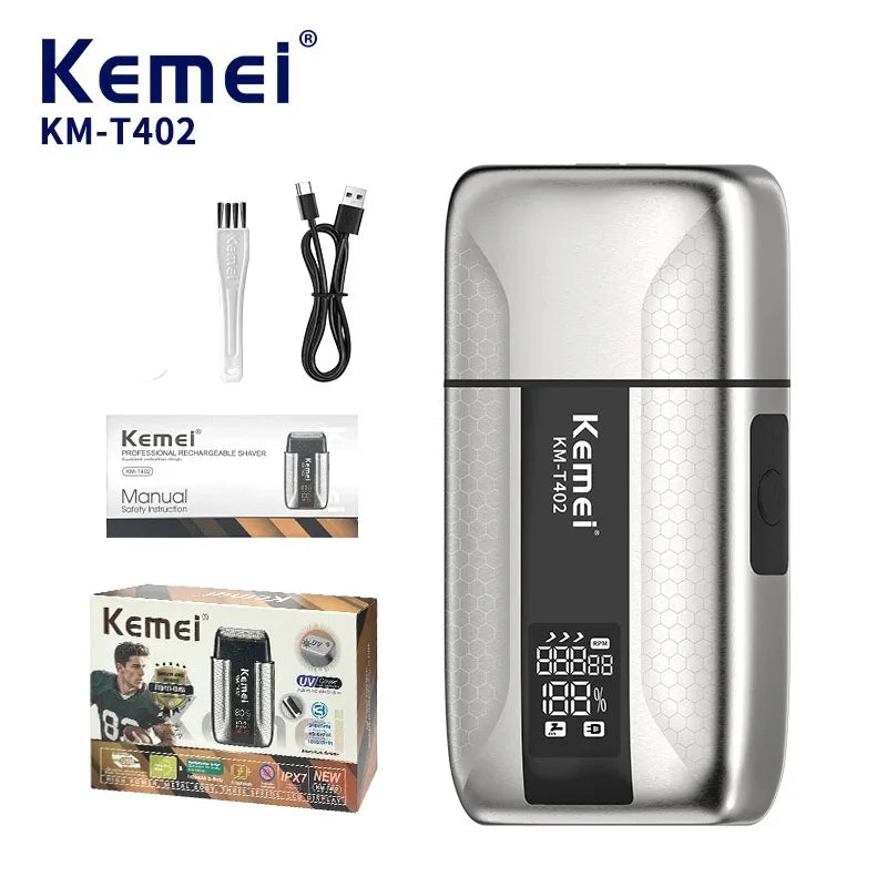Kemei T402 Afeitadoras de doble lámina de metal desinfectante UV Máquina de afeitar recíproca profesional para barberos para hombres Máquina de afeitar para cabeza calva