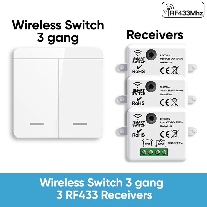TNCE RF433 Relay Receiver,Wireless Light Switch 433Mhz Mini Remote Control,1/2/3Gang Wall Transmitter Switch, Led Lamp Fan Smart