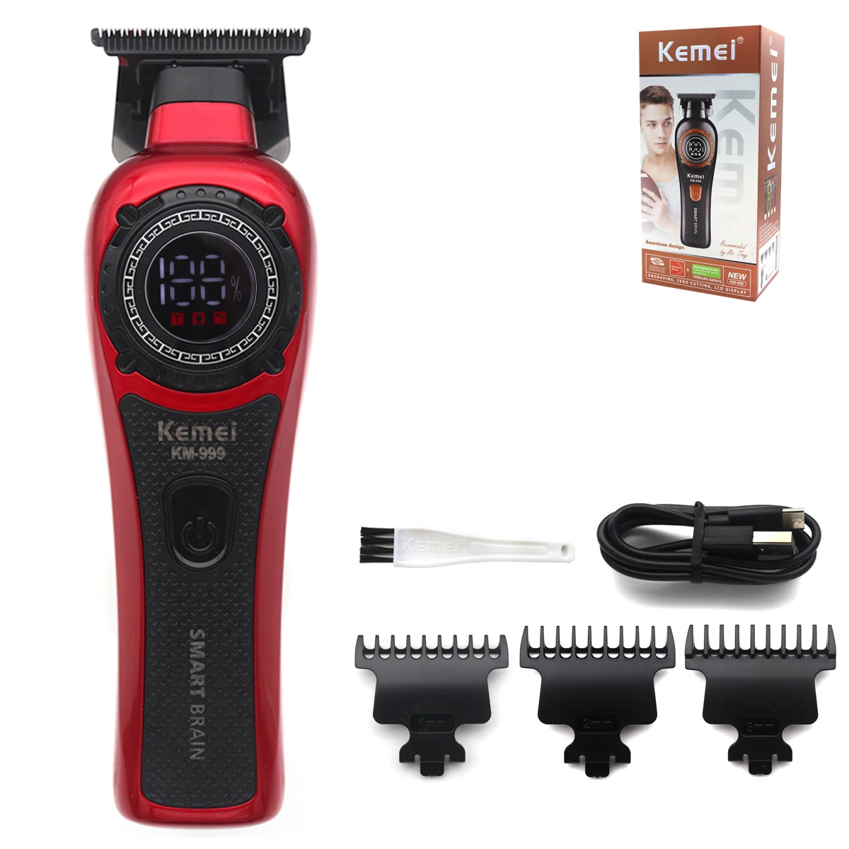 Kemei DLC T-Blade Zero Gapped LED Display Cordless USB Professional Hair Clipper Finishing Machine KM-999 Hair Trimmer for Men