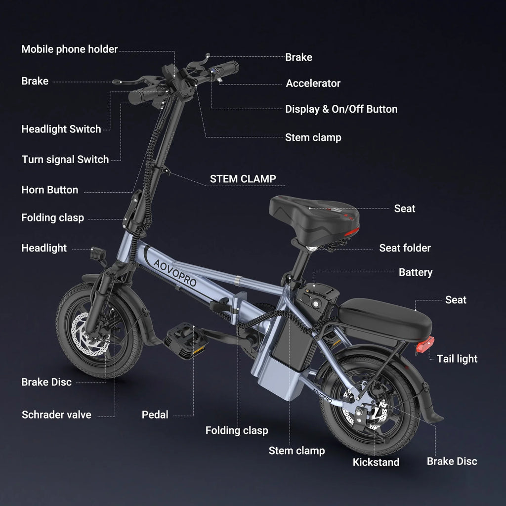 AOVOPRO 14'' EB60 Foldable Electric Bike 500W 48V 10.4AH Battery 22MPH Max Speed 28Miles Long Range with Two Seats for Adult