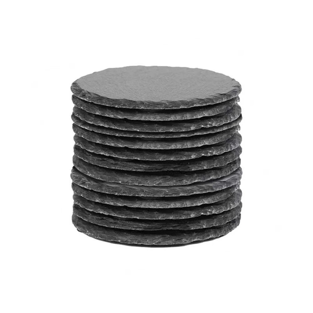 10Pcs Natural Slate Drink Coasters Round Black Stone Insulation Cup Coaster for Coffee Table, Home Kitchen, Bar