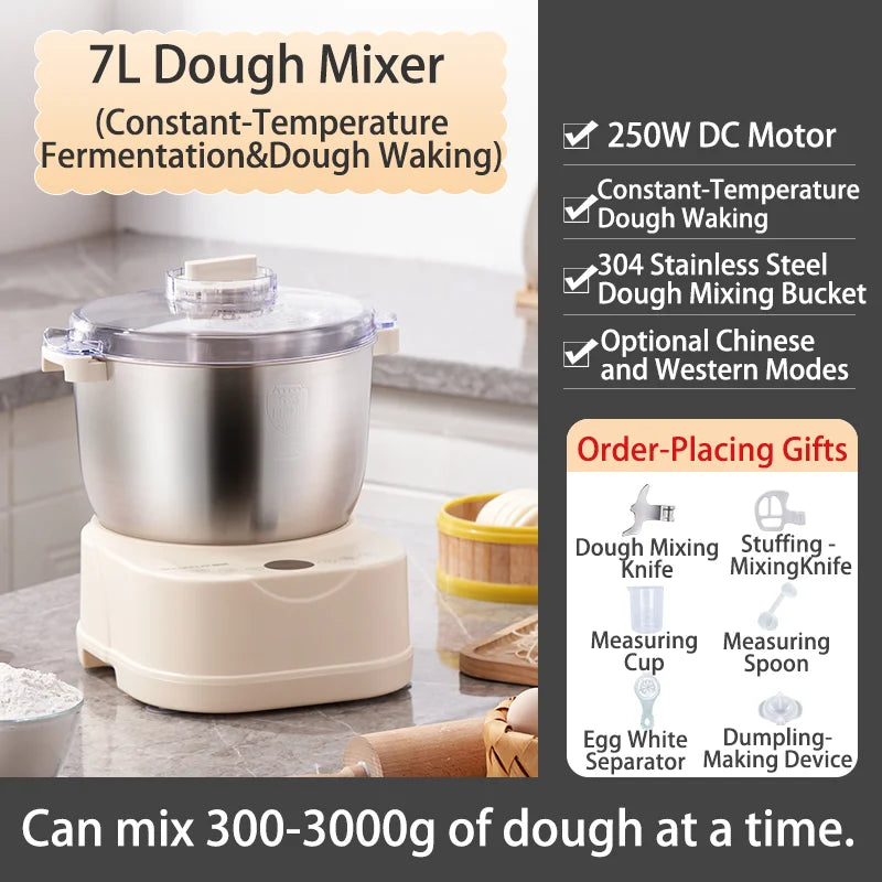 SUNATUR 5L/7L Electric Dough Mixer,250W DC Motor,Stainless Steel Bowl,Timed Fermentation,All-in-One