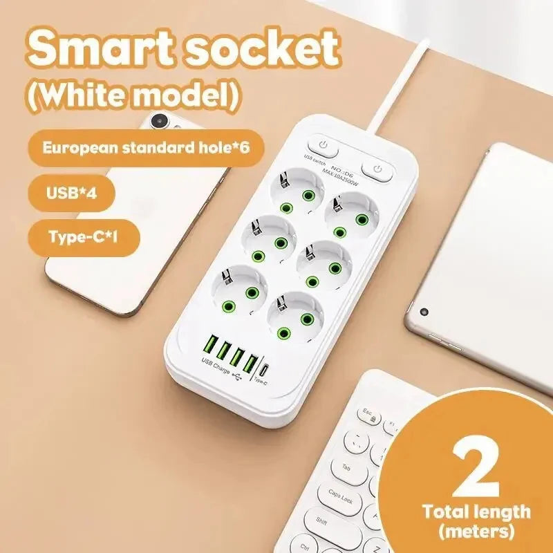 EU Plug Socket 4 Sockets Power Strip With 2 USB Type-C Port Without Extension Wall Charger Adapter For Home Offices