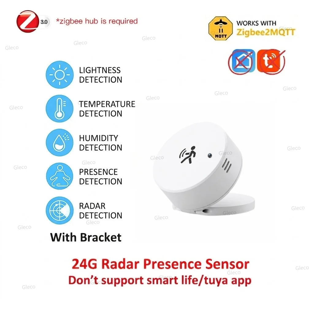 Zigbee Presence Sensor 24G Mmwave Radar Human Detector Motion/Static Detection For Tuya Z2M Smart Home Security Automation Alarm