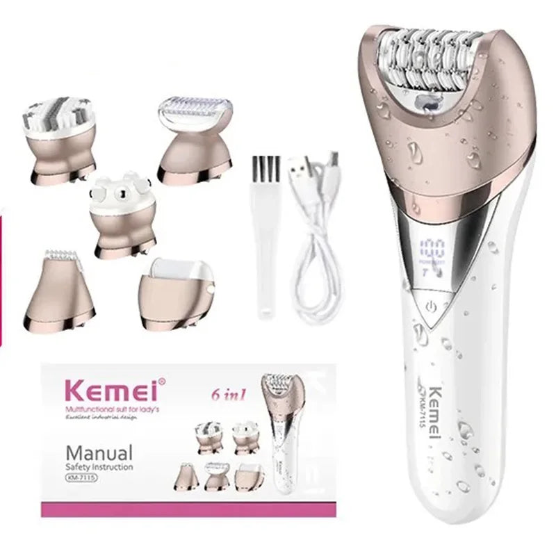 Kemei Recortadora de vello para bikini y axilas, pedicura, afeitadora eléctrica, exfoliador corporal, depiladora 6 en 1, afeitadora para depilación púbica para mujeres