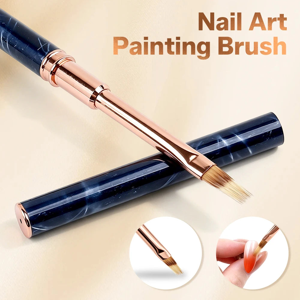 Portable Ombre Nail Art Brush with Dust Cap, Soft Nylon Bristles, Blue Marble Handle, Precision Blending Pen for Gradient Nail C