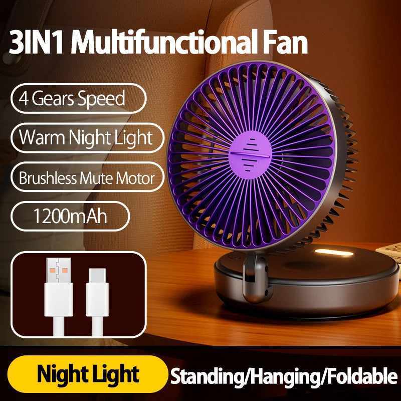 2024 New Style 5000mAh Small Portable Fan Rechargeable Wall Mounted Fan 90° Foldable Desktop Fan 4 Gears With Warm Night Light